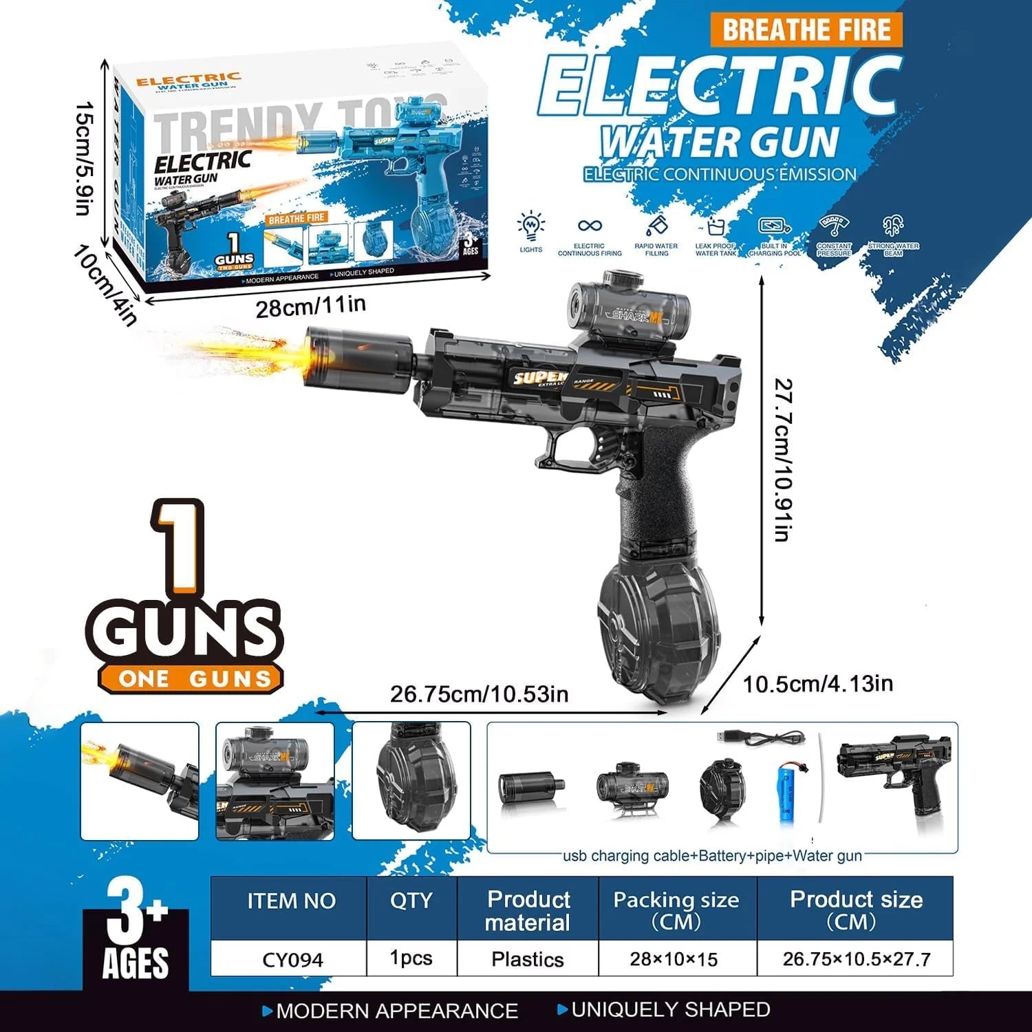 LED Electric Water Blaster for Kids & Adults | Automatic Water Gun Black 26-32 ft